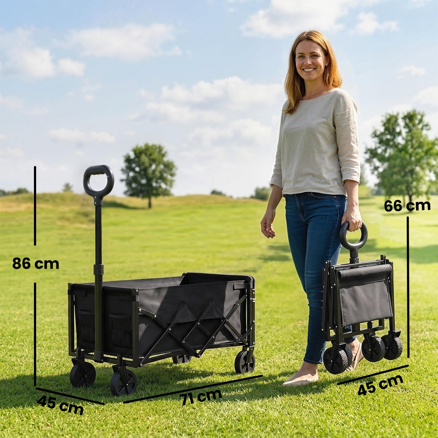 80L Foldable Festival Camping Trolley | Drop-Down Tailgate | Adjustable Handle | 2 Cup Holders | Storage Bags | Quick Release Wheels | 150kg | Black