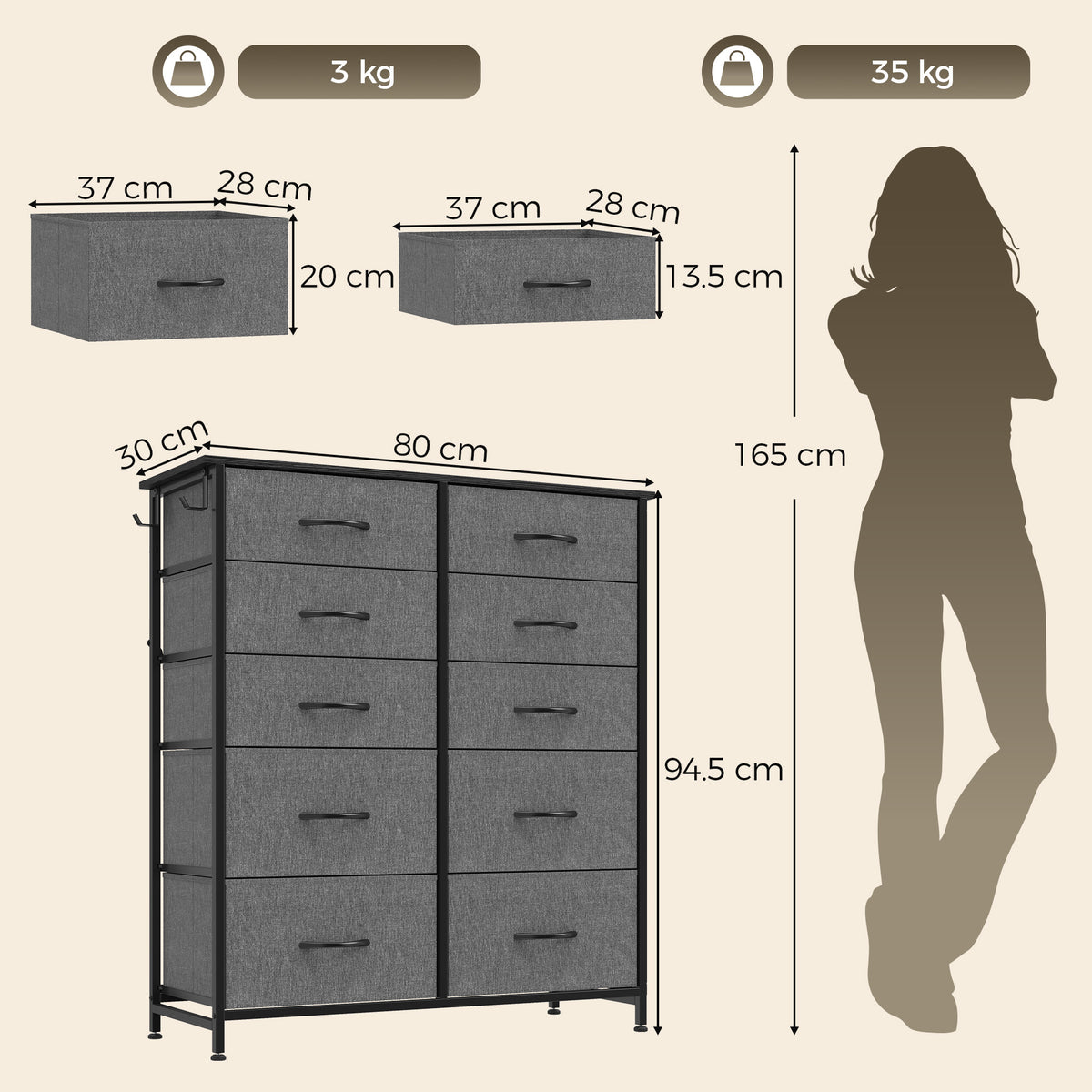 Chest of 10 Fabric Drawers | Grey & Black | Non-Woven Fabric Steel Particle Board | 80x30x94.5cm | 4 Side Pockets | 2 Hooks | X-Bar Frame | Adjustable Feet | Anti-Tip | 35kg