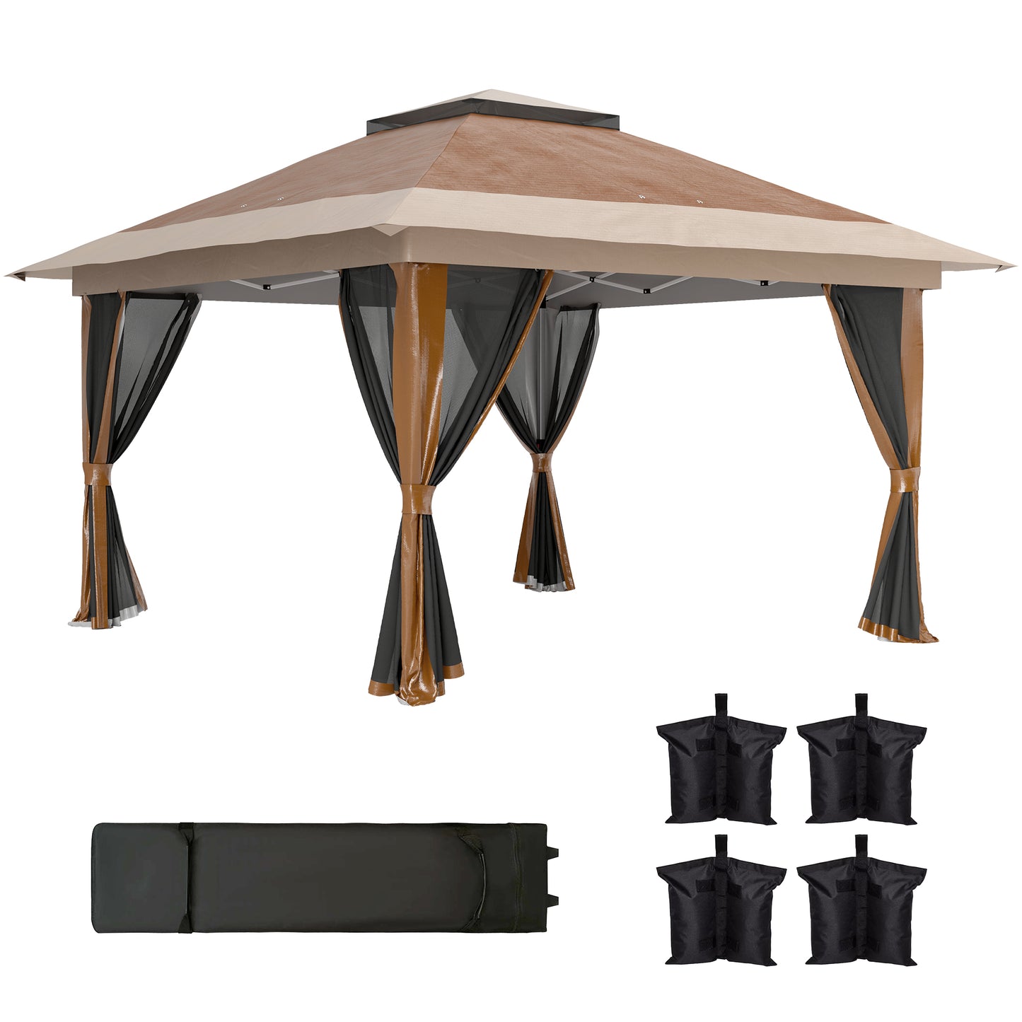 3.6x3.6m Pop-Up Gazebo | UPF50+ Oxford Fabric | Removable Mesh Walls | 3-Height Adjustment 260-280cm | 8 Drainage Holes | 4 Guy Ropes, 12 Ground Stakes & 4 Sandbags | Wheeled Carry Bag | Fits 8-12 People | Brown