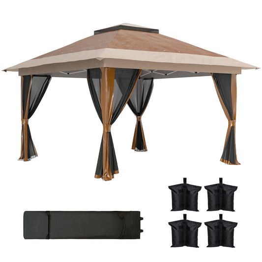 3.6x3.6m Pop-Up Gazebo | UPF50+ Oxford Fabric | Removable Mesh Walls | 3-Height Adjustment 260-280cm | 8 Drainage Holes | 4 Guy Ropes, 12 Ground Stakes & 4 Sandbags | Wheeled Carry Bag | Fits 8-12 People | Brown