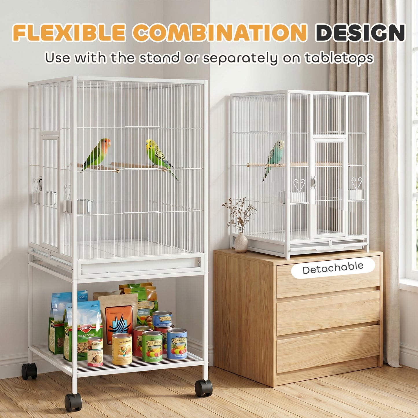 PawHut Bird Cage with Rolling Stand | Storage Shelf | Slide-Out Tray | 4 Feeder Doors | 2 Perches & Feeders | White