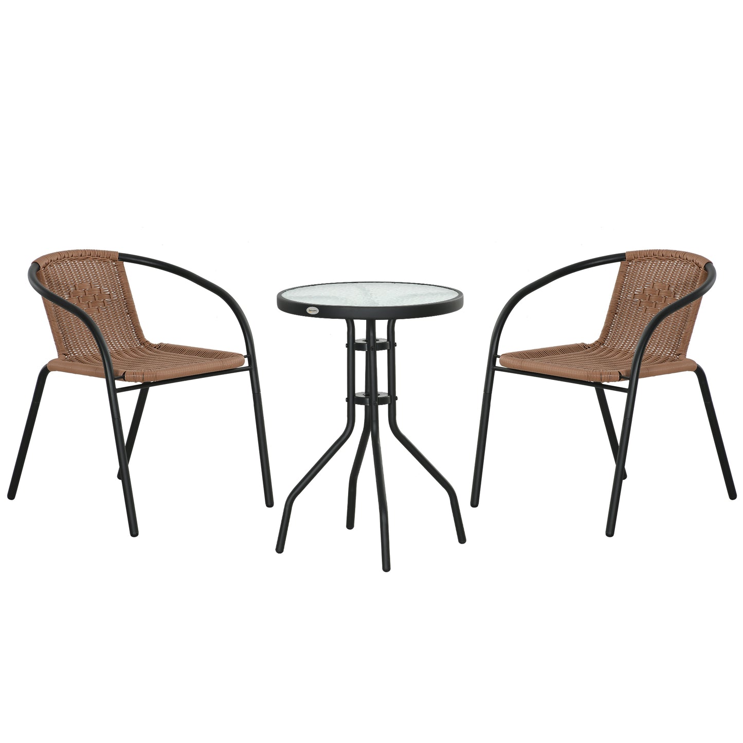 3 Piece Rattan Bistro Set | 2 Leisure Chairs | 5mm Tempered Glass Coffee Table | Handwoven PE Rattan | Powder Coated Steel | Adjustable Feet | Brown