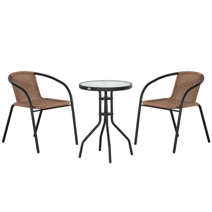 3 Piece Rattan Bistro Set | 2 Leisure Chairs | 5mm Tempered Glass Coffee Table | Handwoven PE Rattan | Powder Coated Steel | Adjustable Feet | Brown