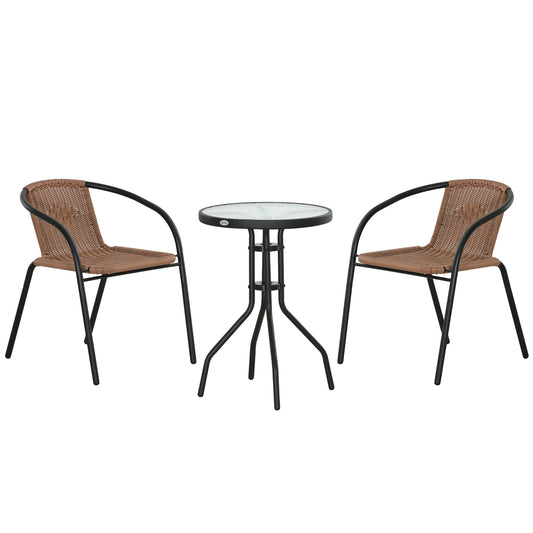 3 Piece Rattan Bistro Set | 2 Leisure Chairs | 5mm Tempered Glass Coffee Table | Handwoven PE Rattan | Powder Coated Steel | Adjustable Feet | Brown
