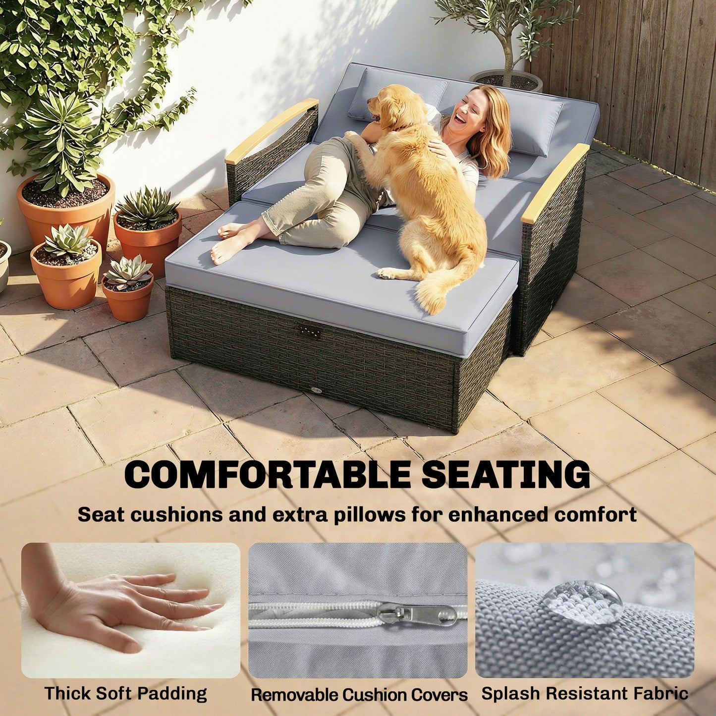 3-in-1 Rattan Garden Daybed | Loveseat to Daybed | Storage Ottoman | 5-Level Adjustable Backrest | 2 Foldable Side Tables | Wood-Effect Armrests | Triple-Strand PE Rattan | 320kg | Dark Grey