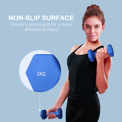 SPORTNOW 2x2kg Hexagonal Dumbbell Set | Blue | 16x7.5x7.5cm Each | Ø3.3x11cm Handle | Plastic-Coated | Non-Slip Grip | Anti-Roll Hex Design | Floor-Safe | Home Gym Workout