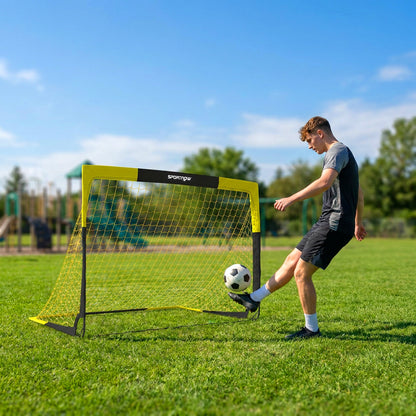 SPORTNOW Pop-Up Football Goal | Yellow & Black | 150x110x110cm | Mesh 140x136cm | Fibreglass & Metal | 4 U-Stakes | Carry Bag 142x116cm | No Assembly | Folds Flat | Age 5+ | Garden Park