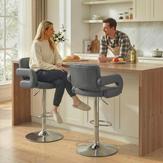 Set of 2 Adjustable Swivel Bar Stools | Padded Armrests | Grey PU Leather