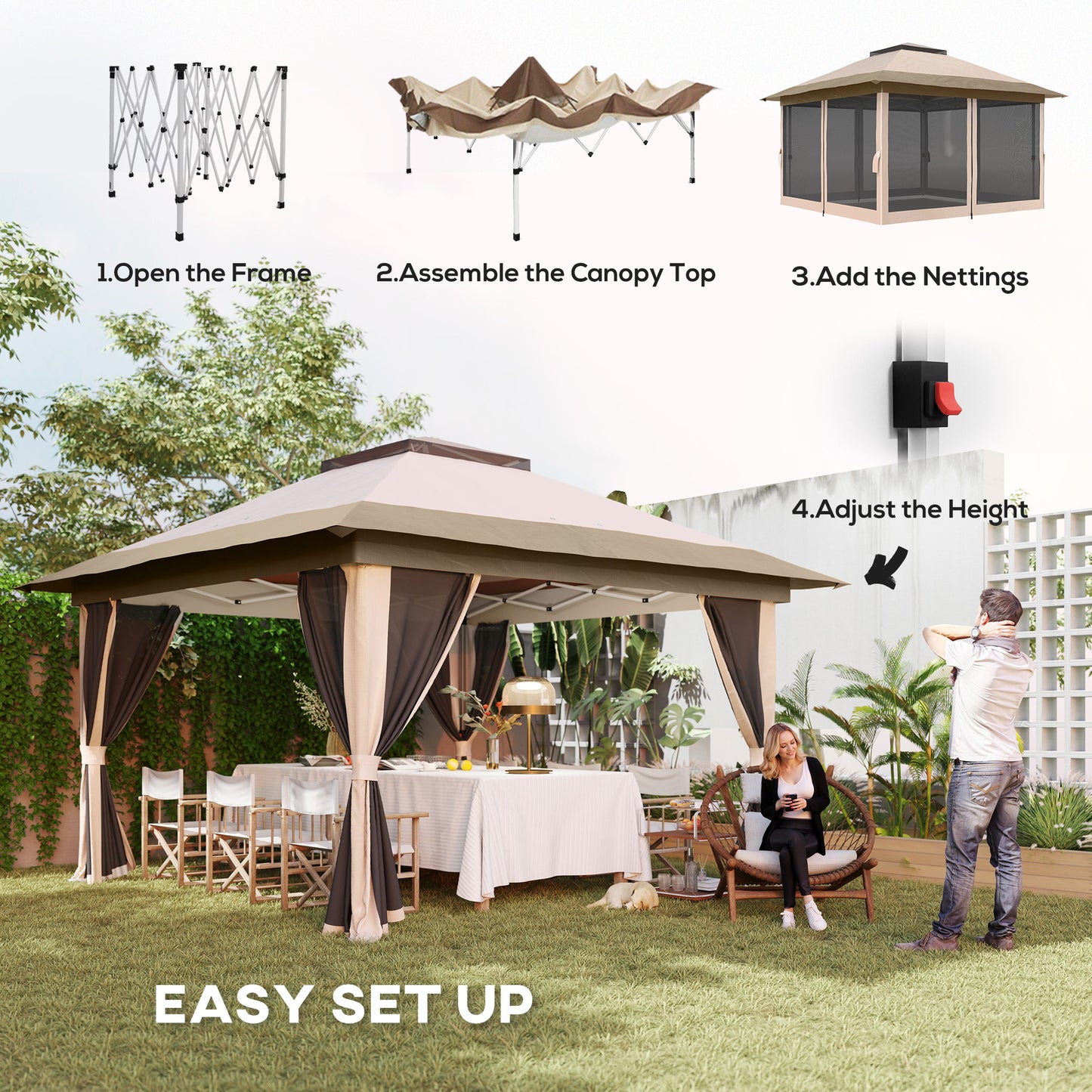 3.6x3.6m Pop-Up Gazebo | UPF50+ Oxford Fabric | Removable Mesh Walls | 3-Height Adjustment 260-280cm | 8 Drainage Holes | 4 Guy Ropes, 12 Ground Stakes & 4 Sandbags | Wheeled Carry Bag | Fits 8-12 People | Beige