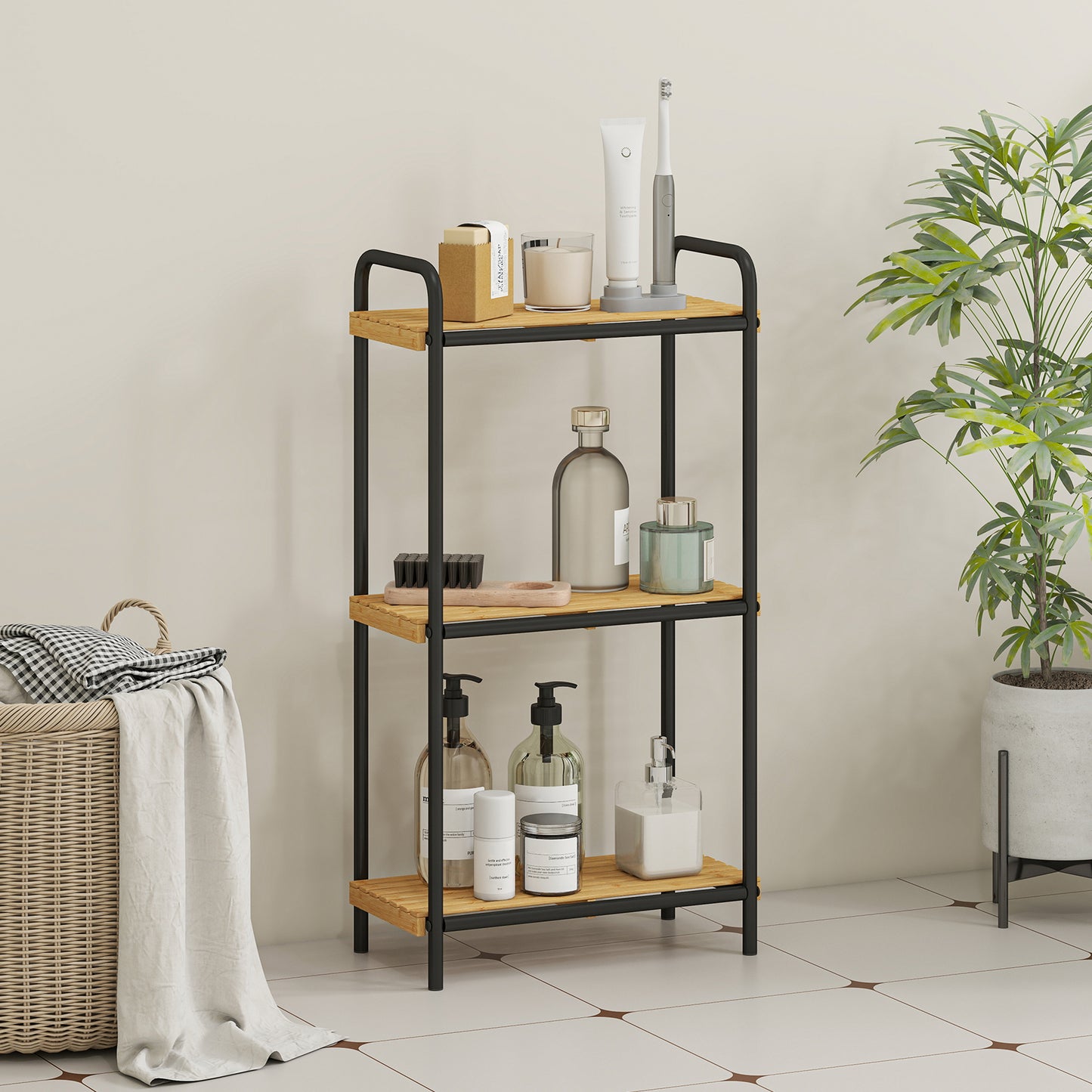 3-Tier Bamboo Bathroom Storage Shelf, Freestanding Narrow Shelving Unit with Slatted Shelves for Kitchen Bathroom Living Room, 41.5 x 21.5 x 77.5 cm, Natural and Black