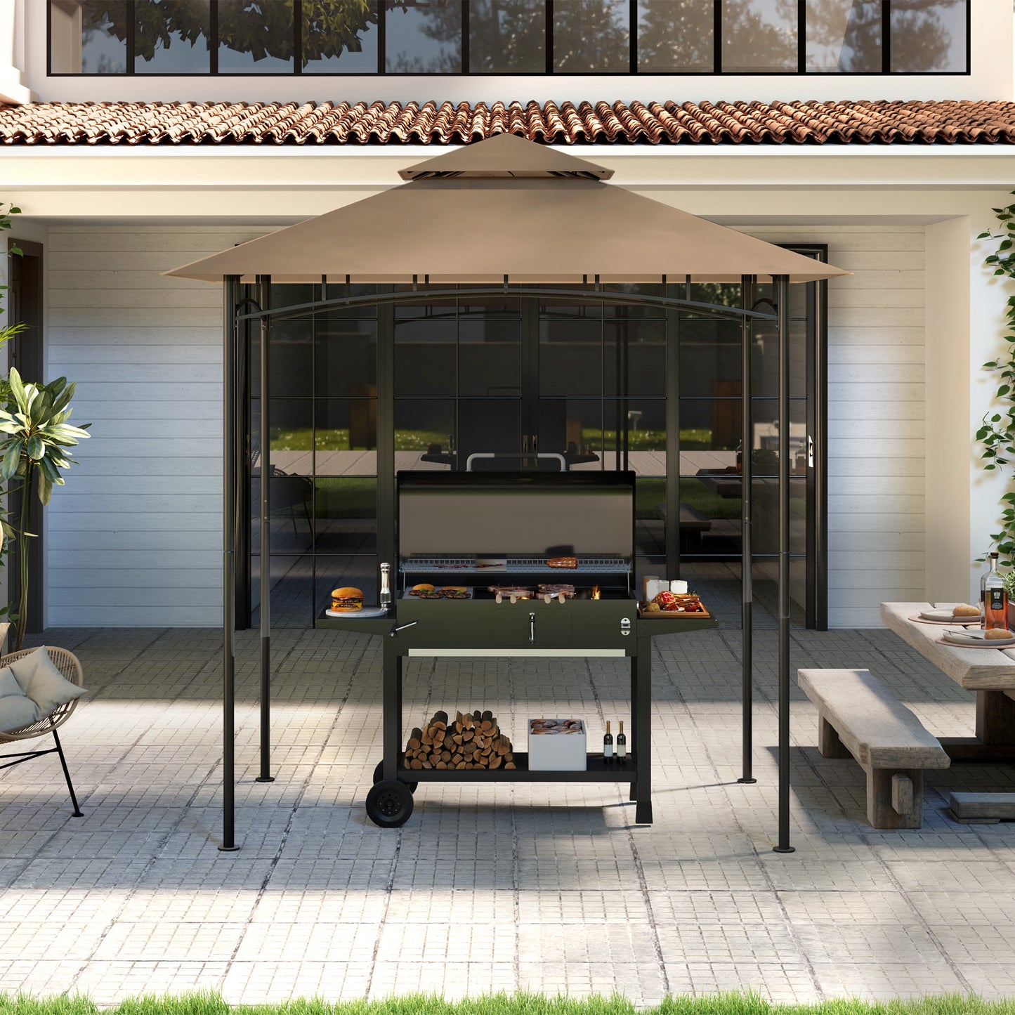 Grill Gazebo Replacement Canopy Roof for 1.5 x 2.4m Frame, UPF50+ Protection, Double Tiered 5' x 8' Outdoor BBQ Gazebo Cover Replacement