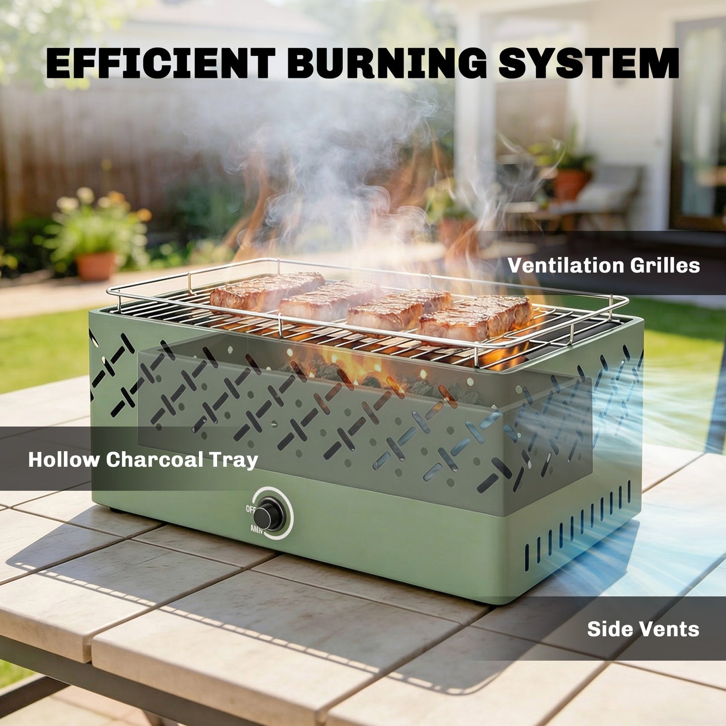 Portable Battery-Powered Charcoal BBQ Grill – Built-In Fan, Stepless Heat Control, 600°C Rated, 45.5x29cm Grill Surface, For Camping & Garden – Light Green