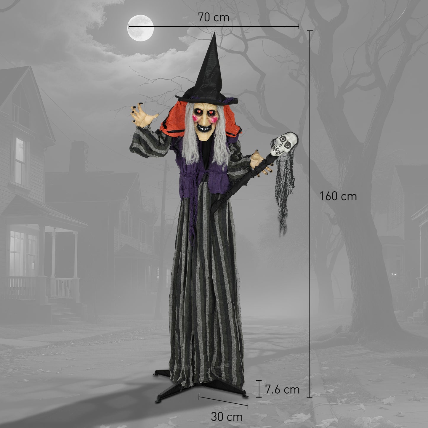 160 cm Life Size Halloween Animated Standing Witch & Skull Staff with Glowing LED Eyes & Head, Spooky Witch Scary Halloween Decorations, Battery Operated, Indoor Party Props