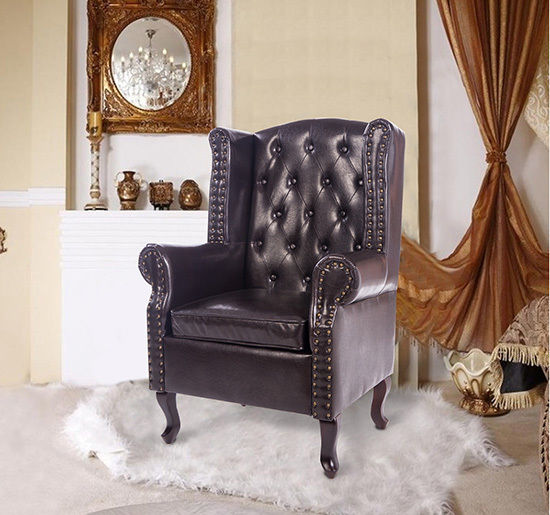 Antique High Back Chair PU Leather Seat Chesterfield Type Armchair Queen Anne Fireside Chair w/ Cushion (Brown)