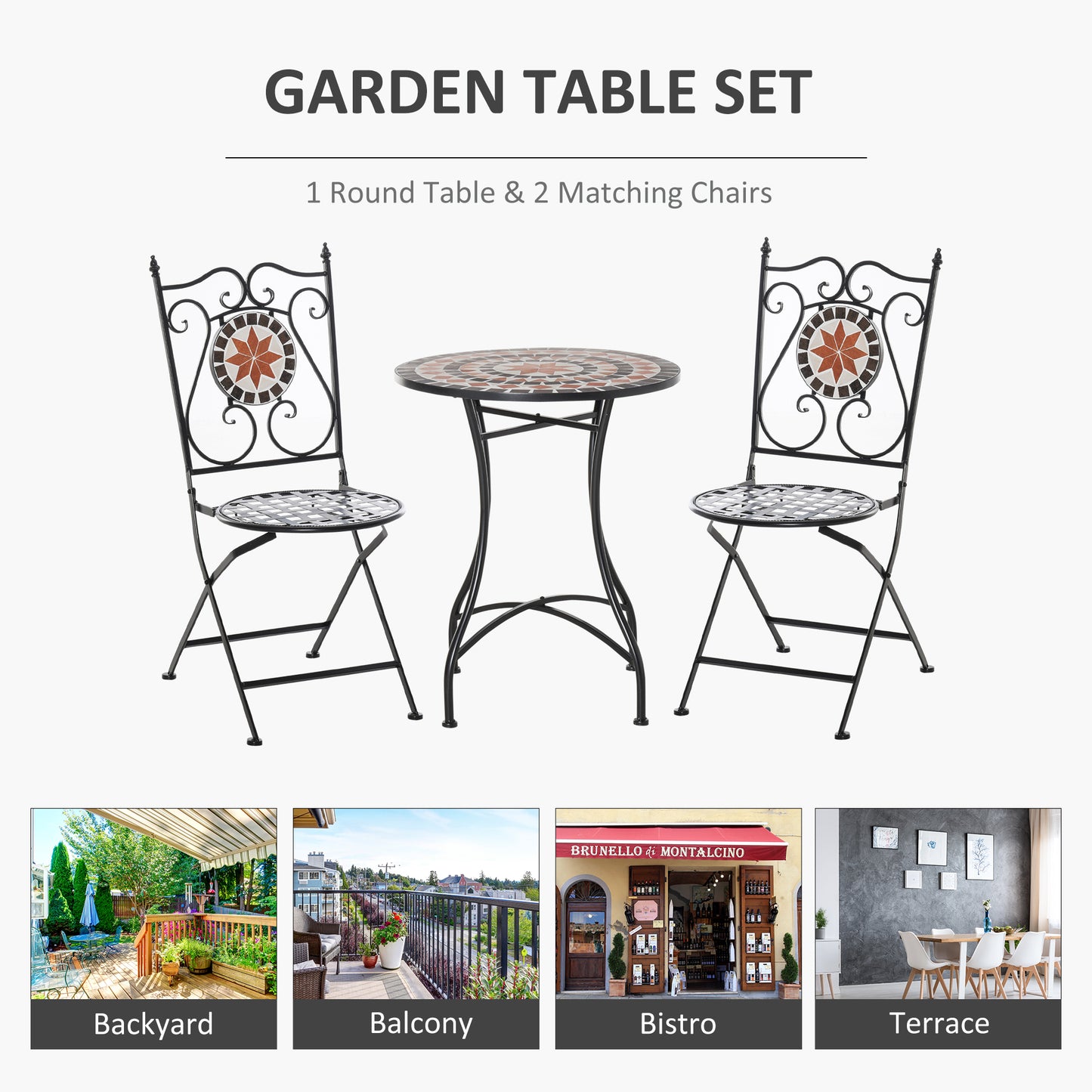 3 Piece Garden Bistro Set | Ceramic Tile Round Table Dia 60cm | 2 Folding Chairs | Mosaic Pattern | Metal Frame | 100kg | Indoor & Outdoor | Black