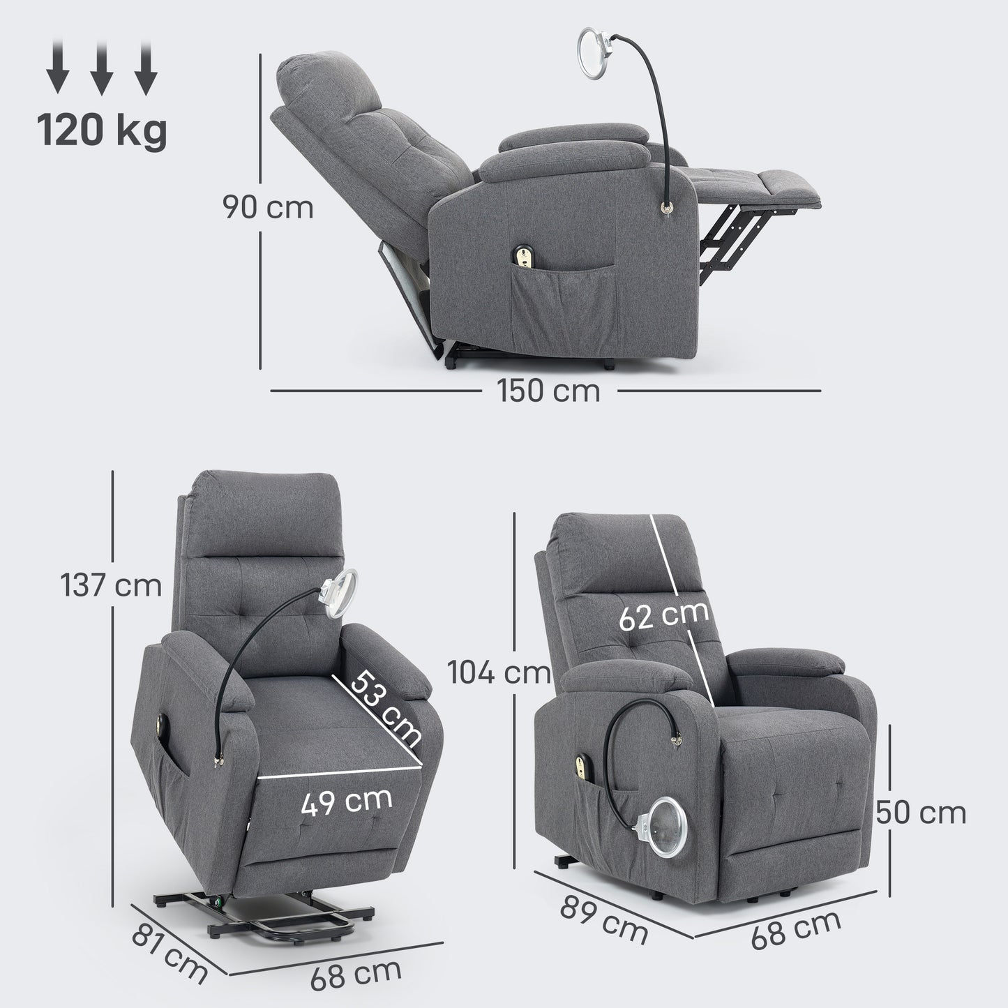 Electric Rise Recline Armchair, with Reading Light - Grey / Brown