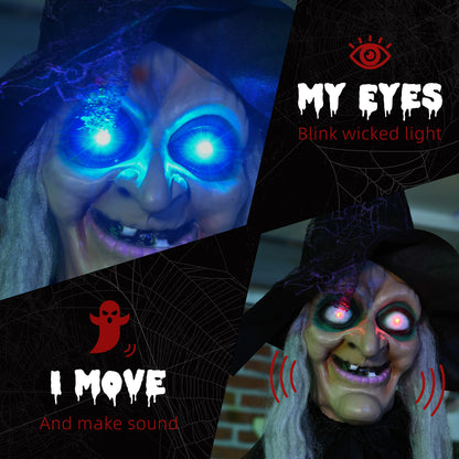 6ft Outdoor Halloween Decoration Witch, Standing Witch Prop Life Size with Sound and Motion Activated, Light Up Eyes, Talking Sound, Posable Arms