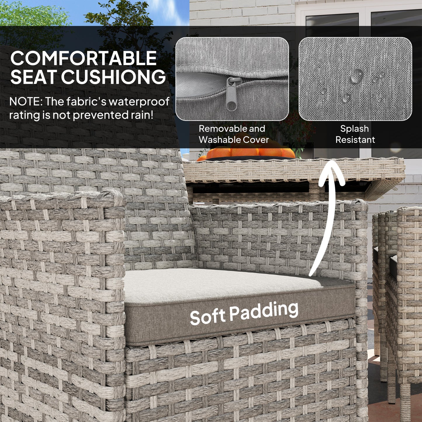 Rattan Garden Furniture Set, 6 Seater Outdoor Dining Table and Chairs with Cushions, 150 x 90cm Rectangular Tempered Glass Table, 6 Armchairs