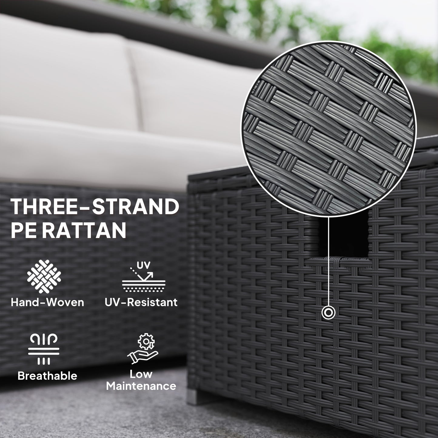 Five Piece Rattan Garden Furniture Set with Gas Fire Pit Table and Footstool - Black and Cream White