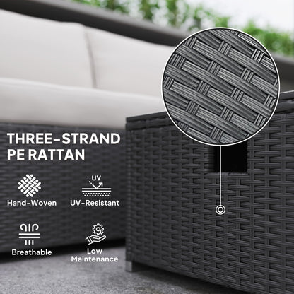 Five Piece Rattan Garden Furniture Set with Gas Fire Pit Table and Footstool - Black and Cream White