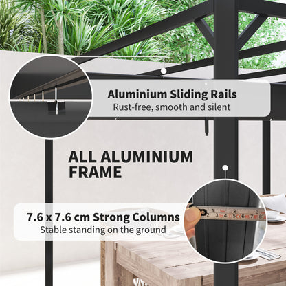 3 x 3(m) Garden Pergola with Retractable Roof Canopy and Roller Shade, Aluminium Pergola Kit Gazebo, UPF30+ Sun Shade Shelter for Deck, Porch
