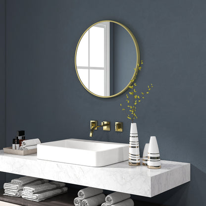 Round Bathroom Mirror, Modern Wall-mounted Vanity Mirror W/ Aluminium Frame, Easy Install Hook for Living Room, Entryway, 60 x 60cm, Gold Tone