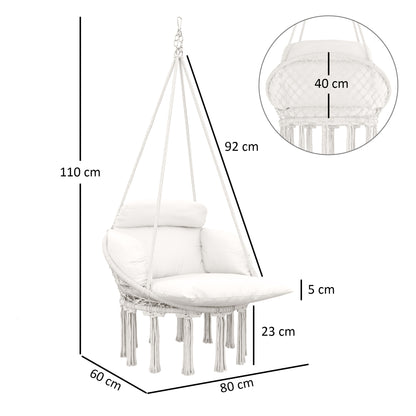 Hanging Chair Indoor Outdoor Hammock Chair with Soft Cushion, Cotton Rope Boho Style Swing Chair, Hanging Garden Swing Seat Cream White