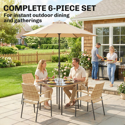 6-Piece 4-Seater Rattan Garden Dining Set | Parasol | Tempered Glass Table | Stackable Chairs | 120kg | Brown