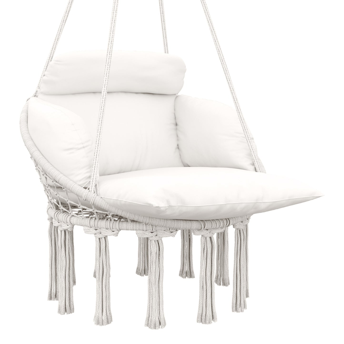 Hanging Chair Indoor Outdoor Hammock Chair with Soft Cushion, Cotton Rope Boho Style Swing Chair, Hanging Garden Swing Seat Cream White