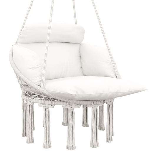Hanging Chair Indoor Outdoor Hammock Chair with Soft Cushion, Cotton Rope Boho Style Swing Chair, Hanging Garden Swing Seat Cream White