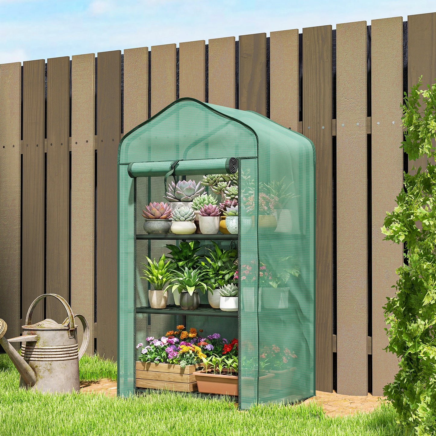 3-Tier Mini Greenhouse | Steel Frame | 140gsm PE Cover | Roll-Up Zip Door | 5kg Per Shelf | 59x39x127cm | Green