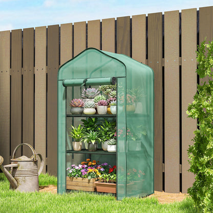 3-Tier Mini Greenhouse | Steel Frame | 140gsm PE Cover | Roll-Up Zip Door | 5kg Per Shelf | 59x39x127cm | Green