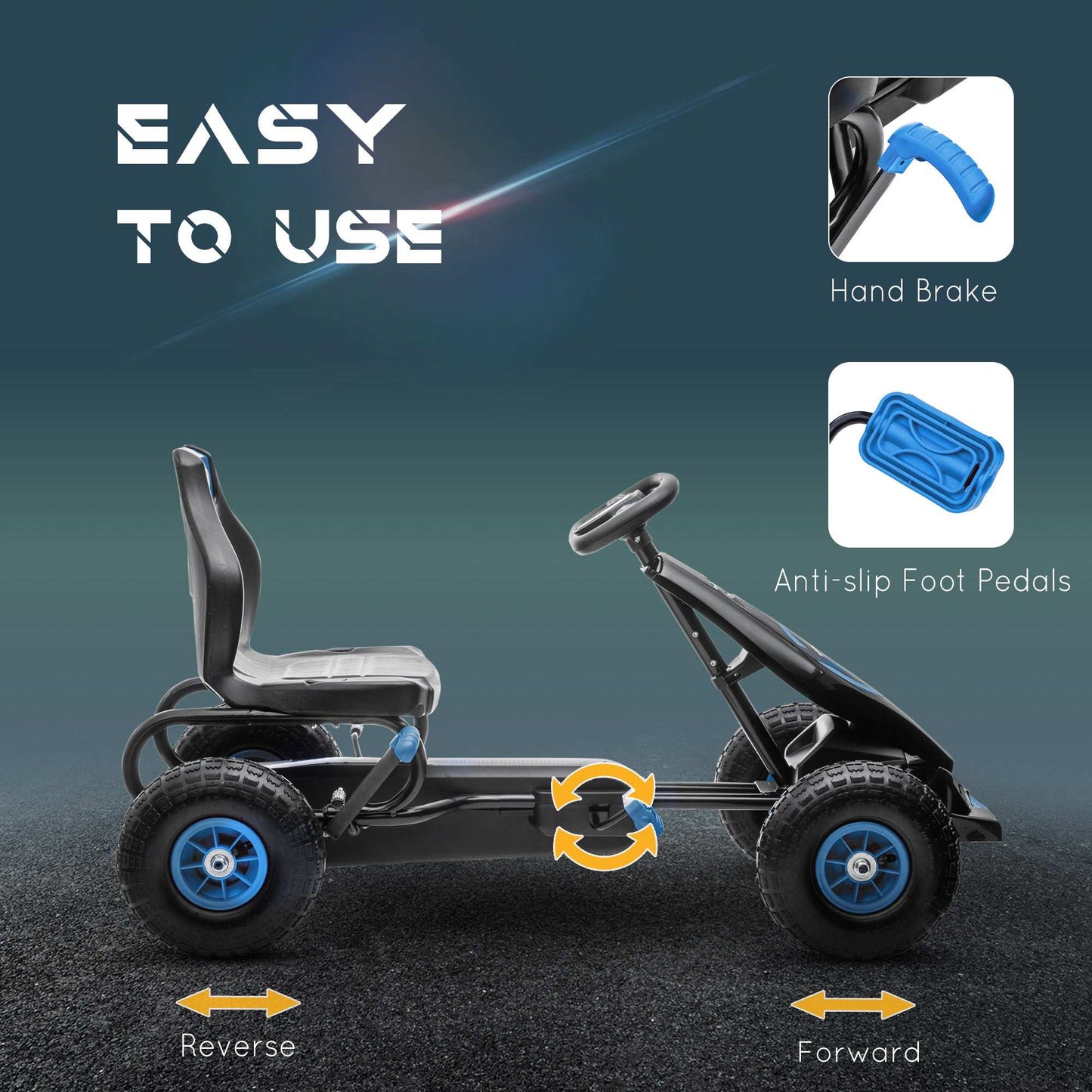 Kids Pedal Go Kart, with Adjustable Seat, Inflatable Tyres - Blue