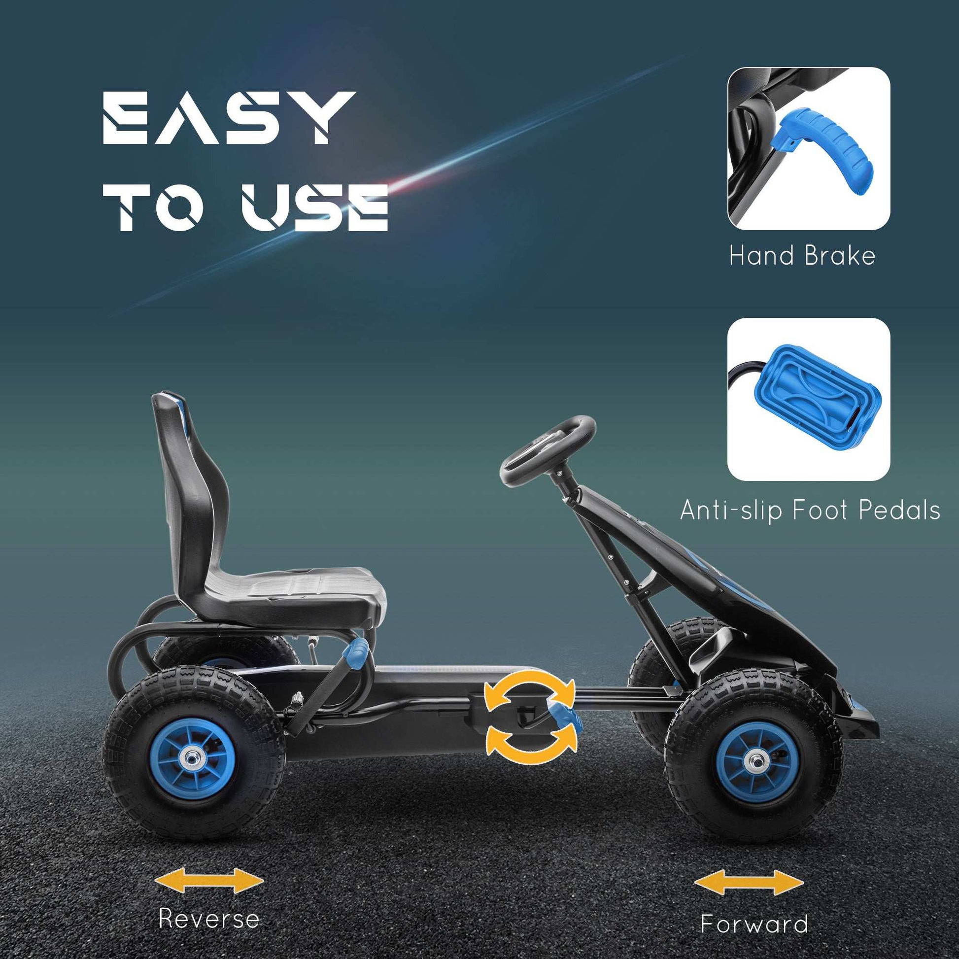 Kids Pedal Go Kart, with Adjustable Seat, Inflatable Tyres - Blue