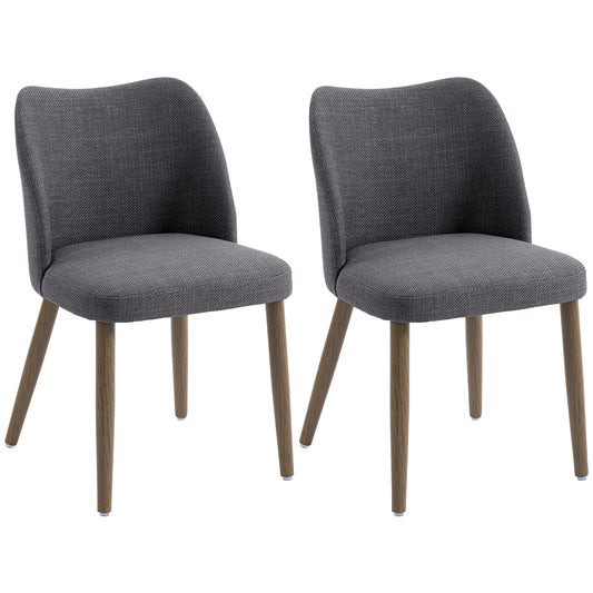 Chairs Set of 2, Linen Upholstered Kitchen Chairs with Padded Seat, Curved Backrest, Rubberwood Legs, Dark Grey
