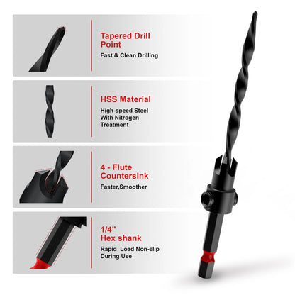 15 Piece Countersink Drill Bits Set, Tapered Drill Bits for Wood, With Phillips Screwdriver Bits, Extension Bit Shaft