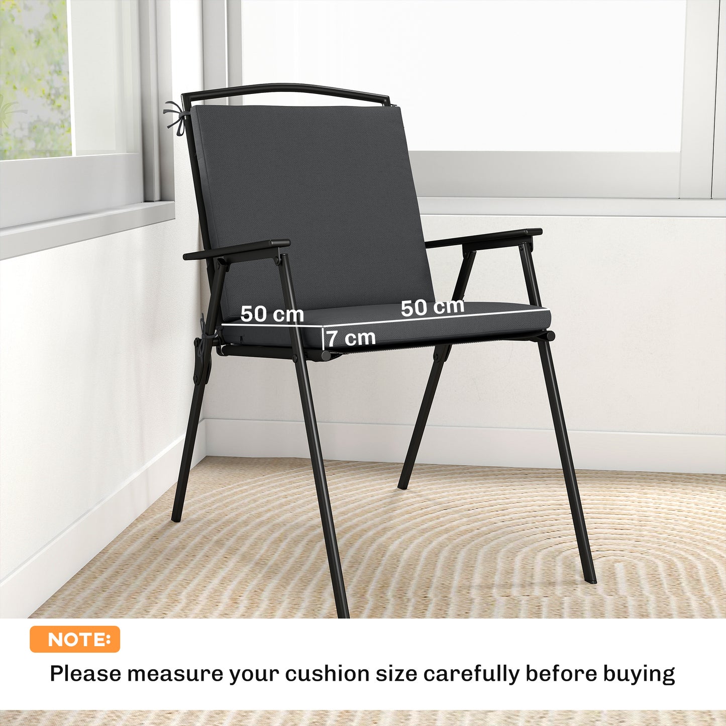 Set of 2 Garden Seat Cushions | 7cm High Density Foam | 50x50cm | Water Resistant | UV30+ | Fire Retardant | Zip Off Covers | Securing Ties | Dark Grey