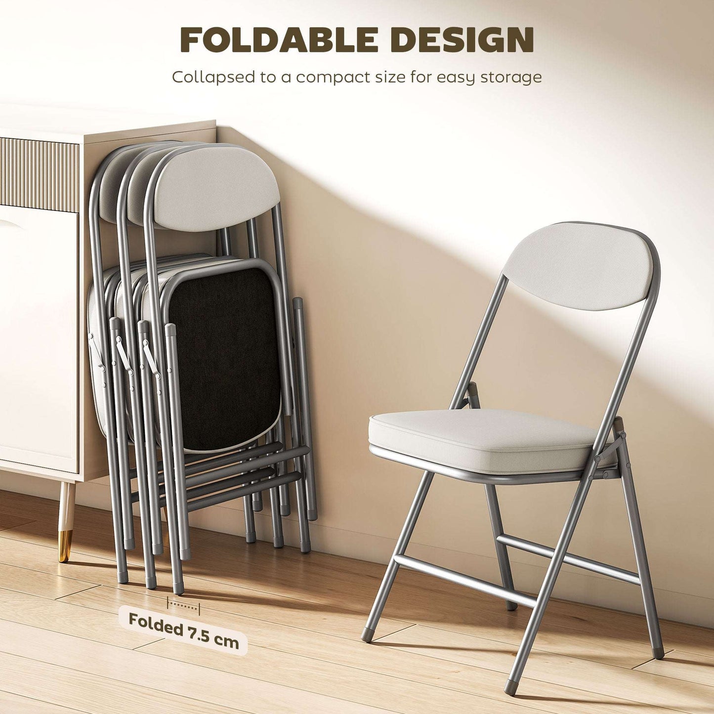 Set of 4 Folding Corduroy Dining Chairs | High Back | Padded Seat & Back | Steel Frame | Foldable | 120kg | No Assembly | Cream