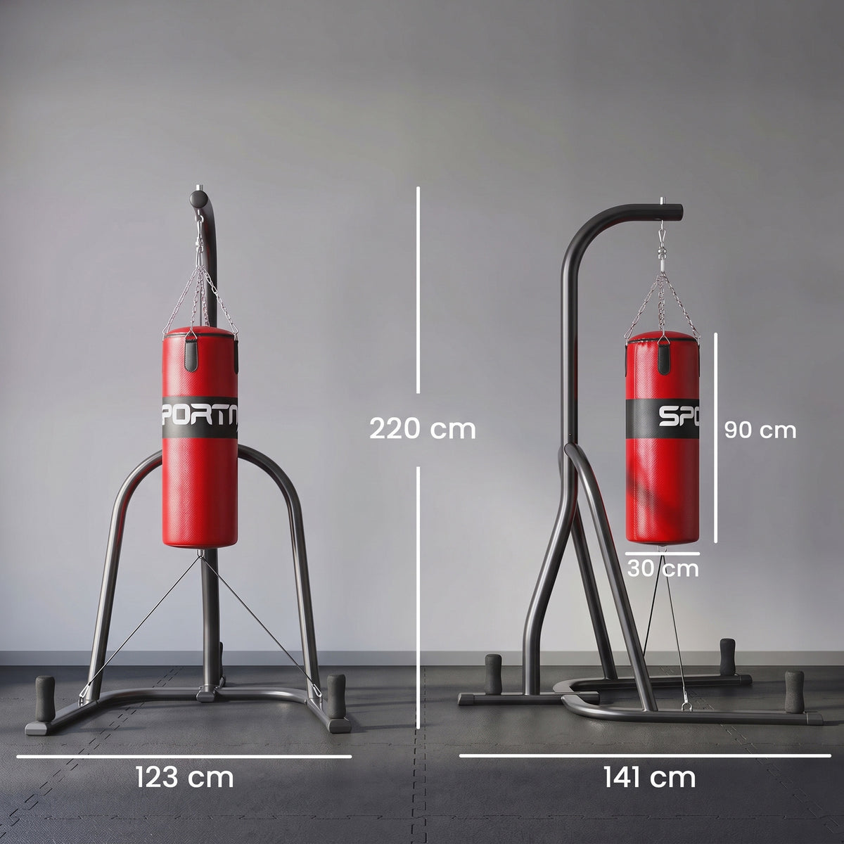Freestanding Boxing Punching Bag with Stand | 20 kg Heavy Bag, 120 kg Frame, 360° Rotating Chain & Weight Plate Storage | Red