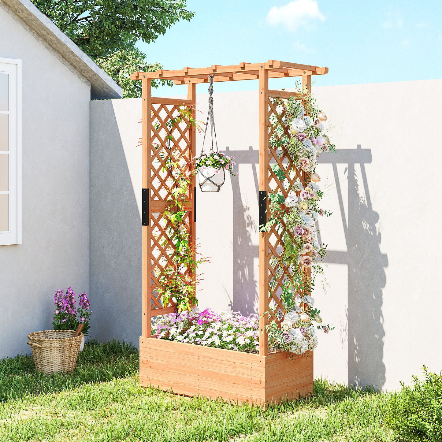Fir Wood Garden Raised Bed with Double Trellis & Hanging Rails | 85x39cm Planting Bed | 2 Drainage Holes | 10kg Trellis Capacity | 110x44x181cm | Natural Wood Finish