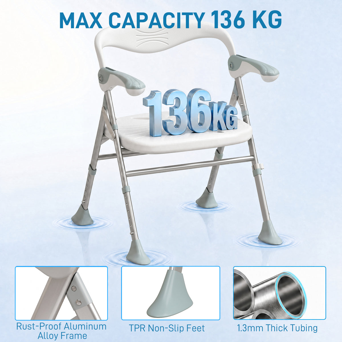 Foldable Shower Chair | Adjustable Height Bathroom Seat with Flip-Up Armrests, 136 kg Capacity | White & Light Green
