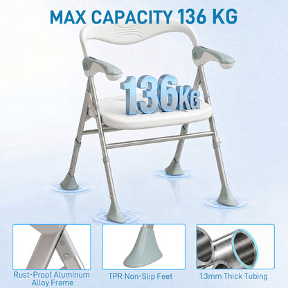 Foldable Shower Chair | Adjustable Height Bathroom Seat with Flip-Up Armrests, 136 kg Capacity | White & Light Green