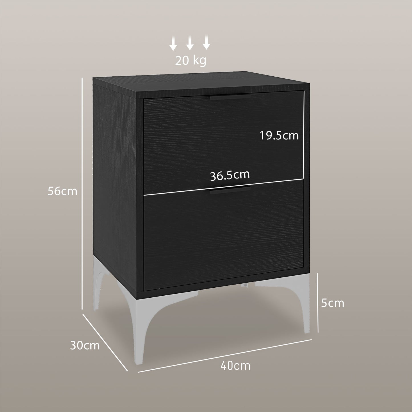 Bedside Tables Set of 2, Modern Nightstand with 2 Drawers, Small Sofa End Tables with Storage and Steel Legs for Bedroom, Living Room, Black