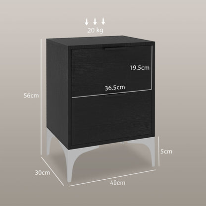 Bedside Tables Set of 2, Modern Nightstand with 2 Drawers, Small Sofa End Tables with Storage and Steel Legs for Bedroom, Living Room, Black