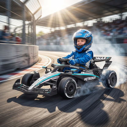 Mercedes-AMG PETRONAS F1 Licensed Kids Electric Go-Kart | Dual 12V Motors | 3 Speeds 3.3-5.5km/h | Parent Remote | Soft Start | Rear Suspension | PVC Silent Strips | Tow Handle | 2-Point Harness | Music & Lights | 123x66x39cm | 30kg | Ages 3-5 | Black
