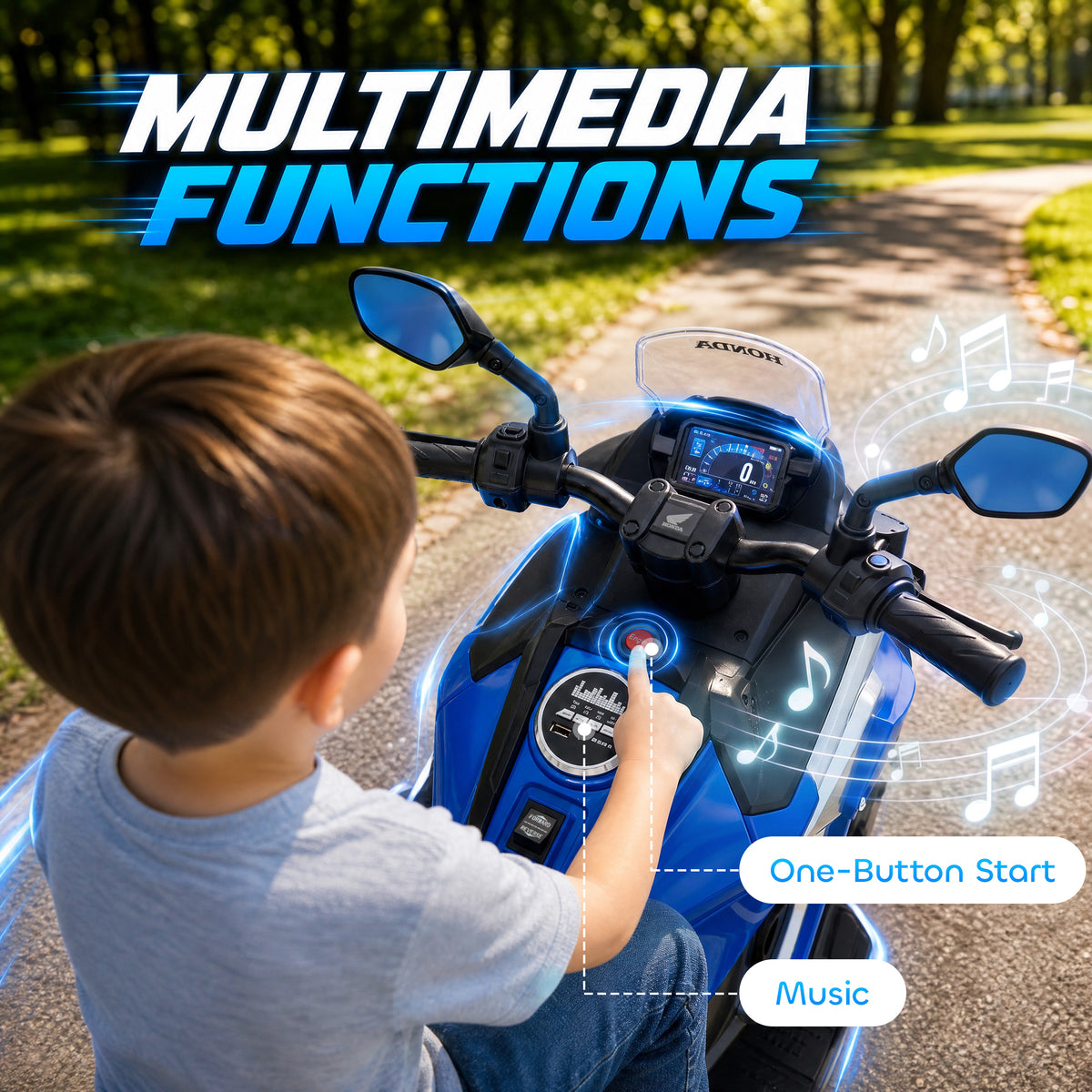 Licensed Honda NC750X 12V Kids Electric Motorbike | Soft-Start | Training Wheels | Forward & Reverse | Headlights | USB MP3 Music | LED Battery Indicator | 107x46x75cm | 30kg | Age 3-6 | Blue