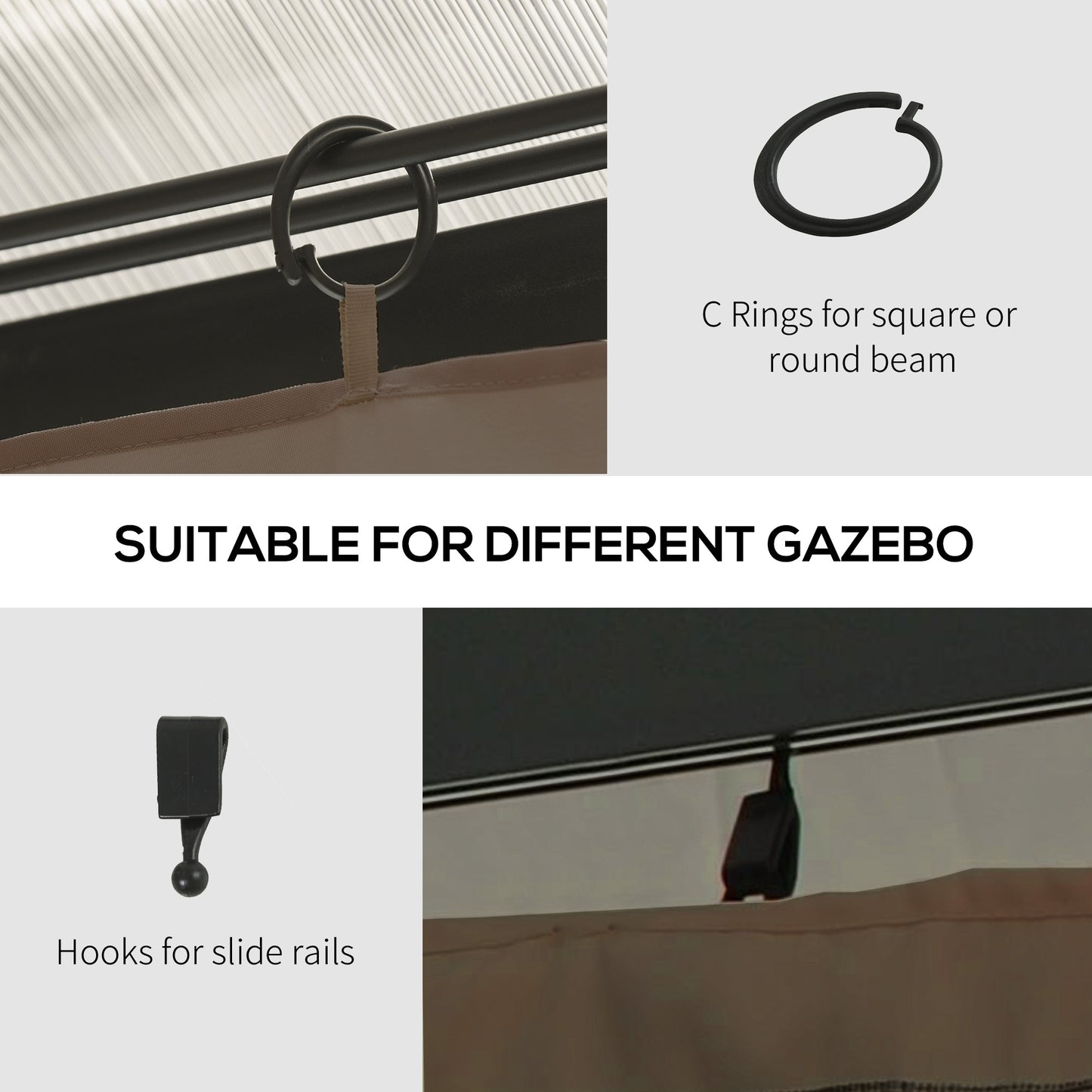 Set of 4 Gazebo Replacement Sidewalls | 100% Polyester | Double-Sided Zip | C-Rings & Hooks for Square, Rounded Beams & Sliding Rails | Each 352x205cm | Suits Most 3x4m Gazebos | Dark Brown