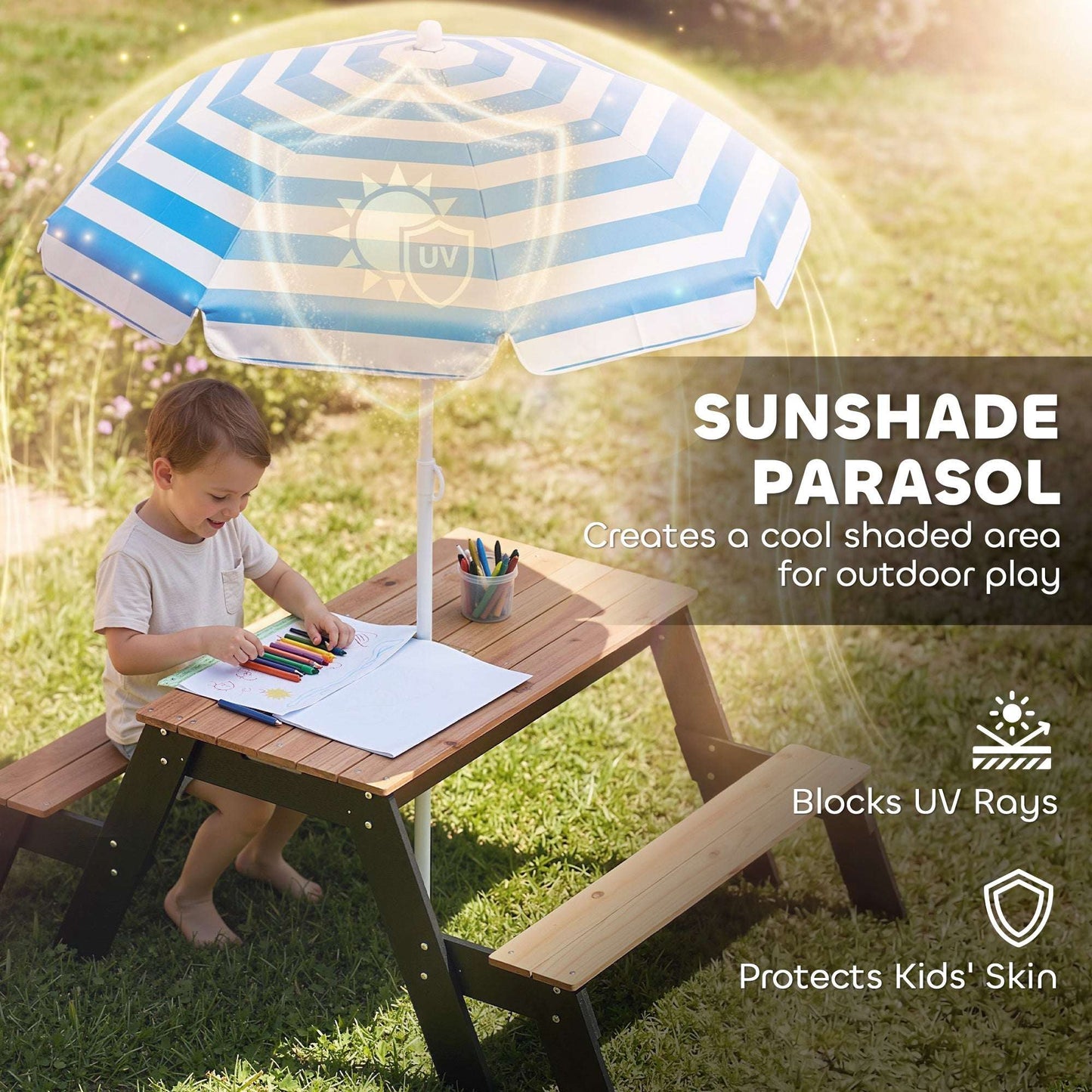 3-in-1 Kids Garden Table & Chair Set | Sand & Water Table | 2 Hidden Storage Boxes | Blue Striped Parasol | Fir Wood | Reinforced Metal Frame | Ages 3-6 | 113x95x160cm | Natural Wood
