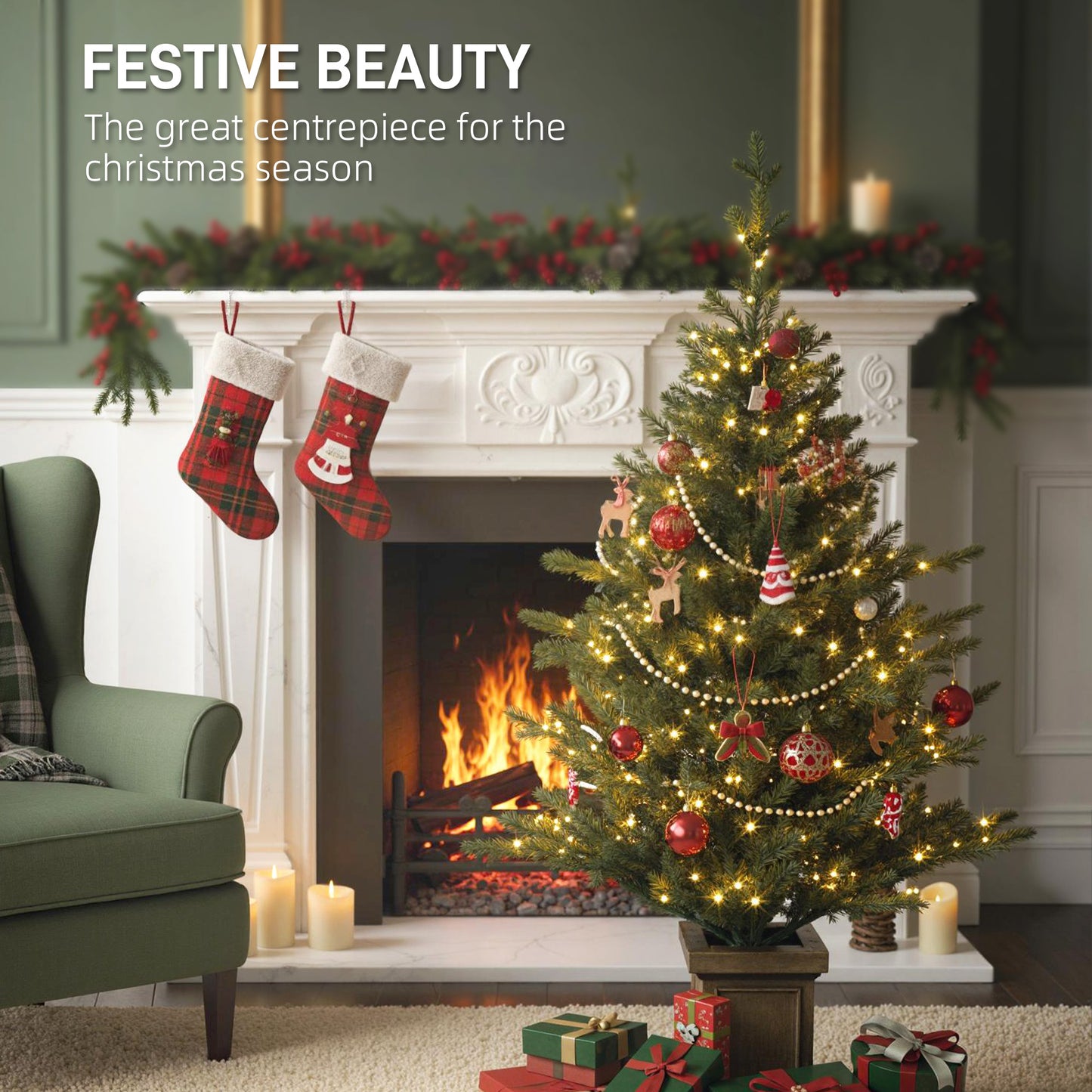 Set of Two Artificial 4ft Christmas Trees, with Lights - Green