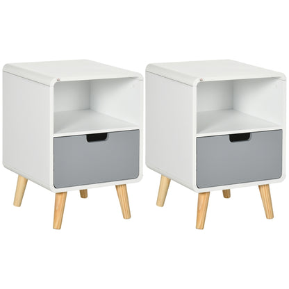 HOMCOM Wooden Retro Style Bedside Table End Nightstand With Drawer Wood Lamp Desk Storage Unit Bedroom Scandinavian Nordic Style, Set of 2